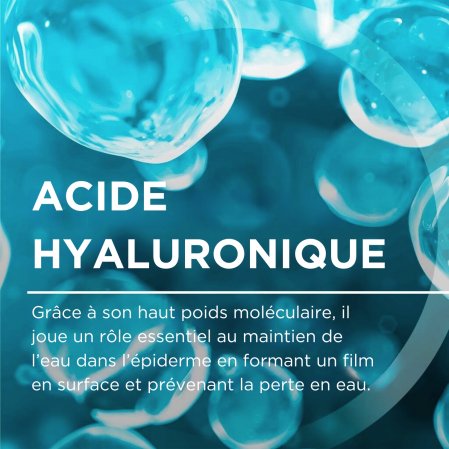 Acide Hyaluronique. Grâce à son haut poids moléculaire, il joue un rôle essentiel au maintien de l'eau dans l'épiderme en formant un film en surface et prévenant la perte en eau.