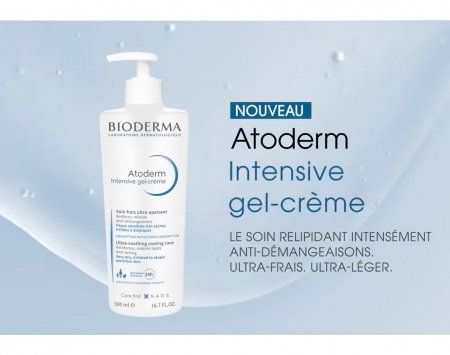 Innovation BIODERMA : Atoderm Intensive gel-crème Le soin relipidant intensément anti-démangeaisons, ultra-frais, ultre-léger.